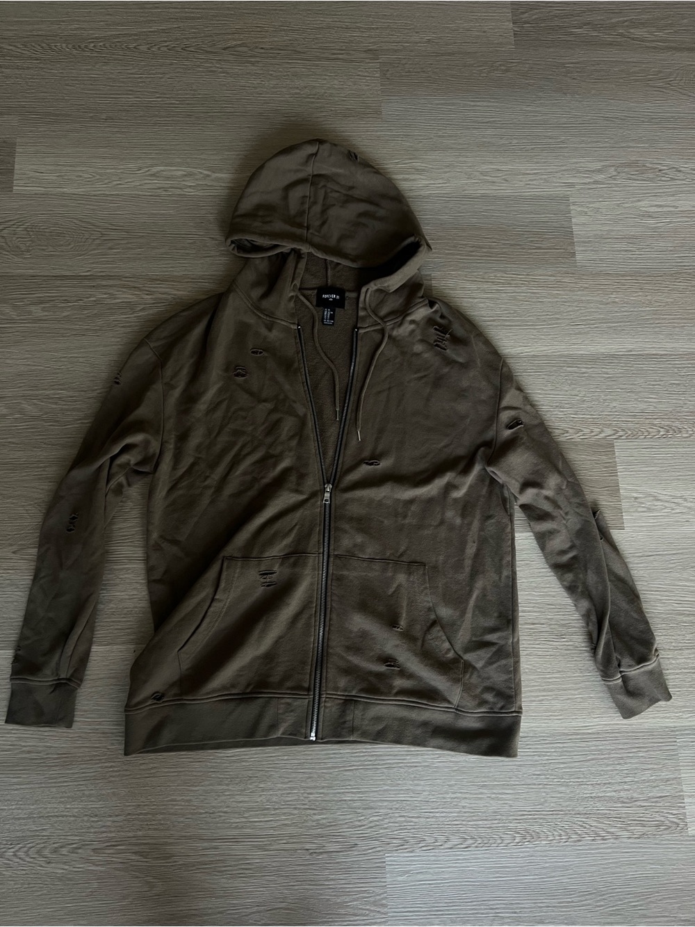 Forever 21 Men's Olive Green Distressed Zip-Up Hoodie